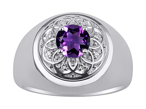 Image of Rylos Men's Designer Gypsy Ring with 7MM Round Gemstone & Diamond - Birthstone Rings in Sizes 8-13 in Sterling Silver
