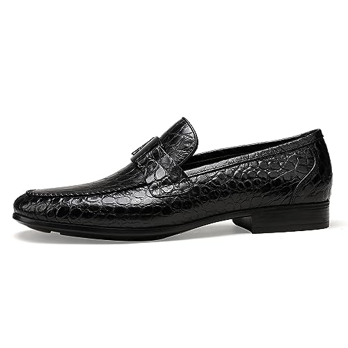 Image of Mens Leather Penny Loafers, Classic Crocodile Printed Business Dress Shoes with Metal Buckle Slip on Penny Shoes for Mens