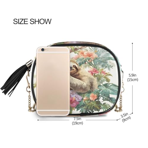 ALAZA Women's Sloth Branch Tropical Plants PU Leather Crossbody Bag Shoulder Purse with Tassel3