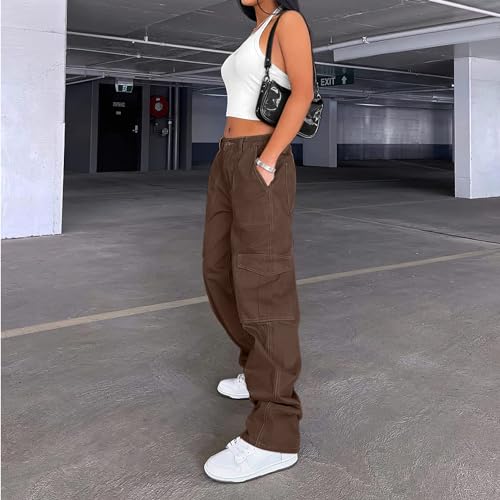 Image of Lepunuo Cargo Pants for Women High Waisted Casual Pants Baggy Stretchy Wide Leg Y2K Streetwear with 6 Pockets