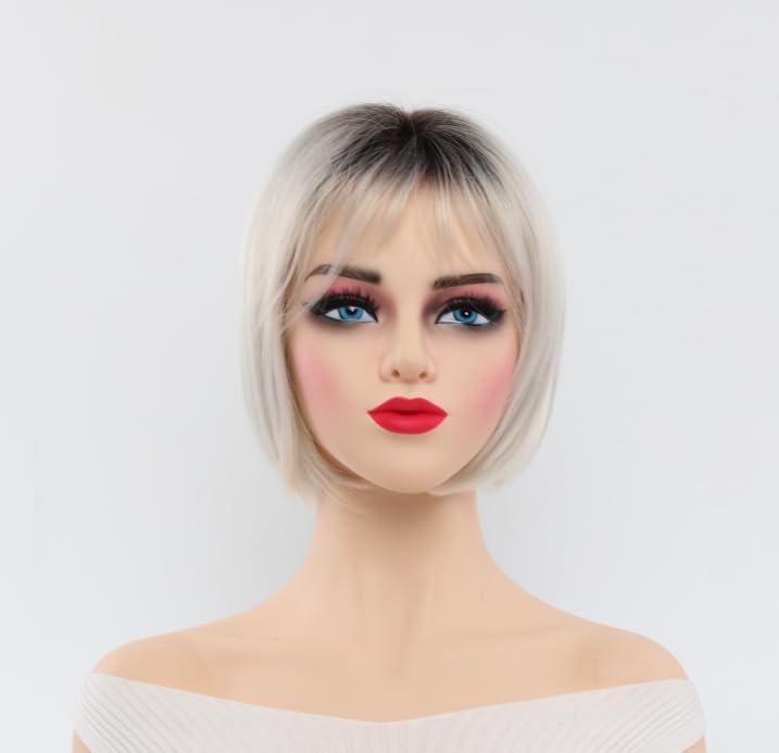 Image of Short for white Blonde Bob Wig with Bangs for Women & Men - Ombre Blonde to Dark Roots Layered Straight Synthetic Hair Wig with Natural Chin Length, Rose Net for Daily & Party Use (Silver)