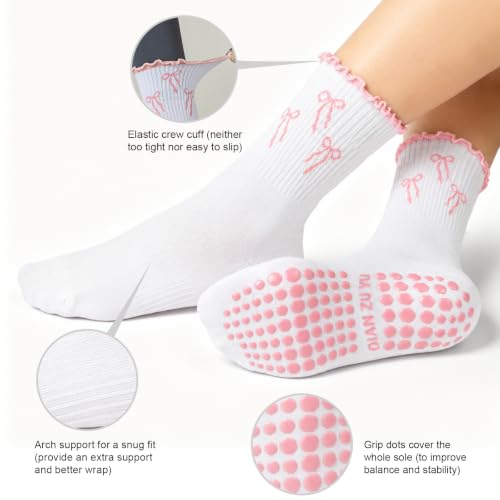 Image of Toes Home Pilates Socks for Women with Non Slip Grippers, Yoga Crew Socks for Barre Hospital Sticky Slipper Socks 4 Pairs