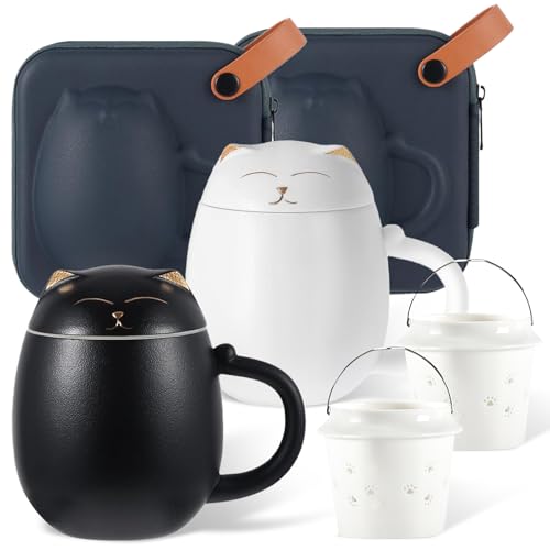 Set of 2 Ceramic Tea Mugs with Infuser and Lid, 12 oz/350ml Cute Cat Tea Cup with Ceramic Filter for Steeping Loose Leaf, Chinese Handmade Porcelain Teacup Gift for Travel Office Home (Black & White)