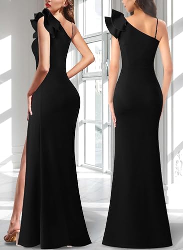 Image of VFSHOW Womens Ruffle One Shoulder Strap Ruched Formal Prom Wedding Maxi Dress V Neck Elegant Split Cocktail Evening Long Gown