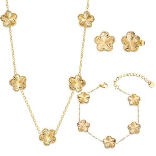 UOOANUO Clover Neckalce Bracelet Earring Set for Women 14K Gold Plated Stainless Steel Four Leaf Clover Jewelry Set (Gold)