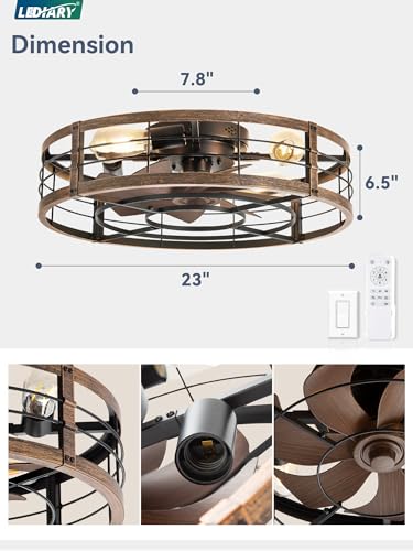 Image of LEDIARY 23 inch Caged Ceiling Fan with Light and Remote, Low Profile Flush Mount Fandelier, Black Gold Bladeless Enclosed Small Fan Lights Ceiling Fixtures, Rustic Farmhouse Style for Bedroom, Outdoor