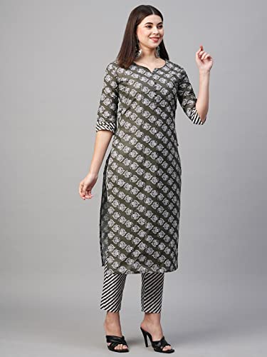 Image of GoSriKi Women's Cotton Blend Printed Straight Kurta With Pant