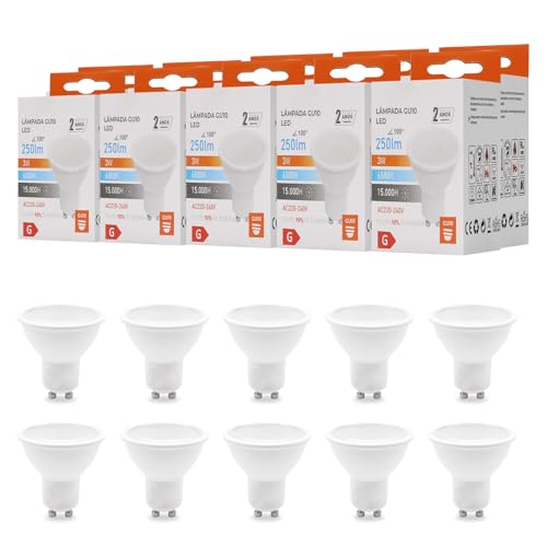 Maxled, Light is Led! 10x Bombillas LED GU10 3W Equivalente a 22.5W 250LM Luz Blanca Fría 6500K Larga Duración Bajo Consumo Aptas para Iluminación de Carril Casas Empotrada CA 220 240V No Regulable