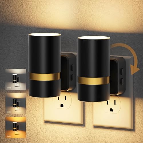JandCase Night Lights Plug into Wall,2 Pack Amber/3000k/5000K Color Change Night Light with Dusk to Dawn, 3CCT & 10/25/50/75/100LM Dimmable Plug in LED Nightlight for Bedroom, Hallway, Stairs