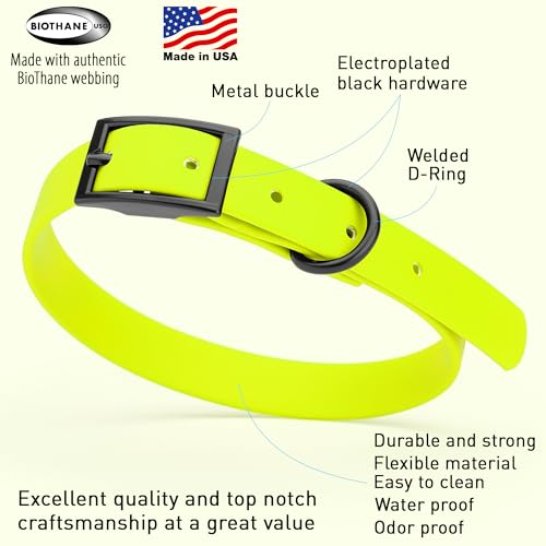 Image of Dogline Biothane Waterproof Dog Collar Strong Coated Nylon Webbing with Black Hardware Odor- Proof for Easy Care Easy to Clean High Performance Fits Small Medium or Large Dogs, Safety Yellow