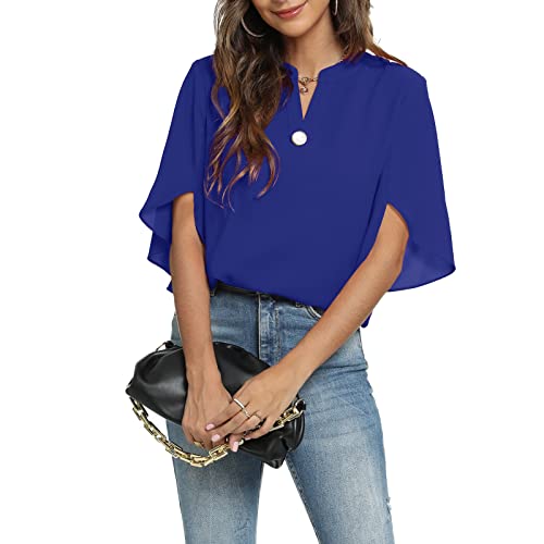 Womens Tops Dressy Casual Ladies Business Elegant Blouses Summer Short Sleeve Tunics V-Neck Shirts Work Attire Royal Blue Plus 4XL2