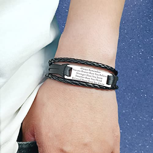 HAYOUWAY Mens Leather Bracelet Gifts for Him Men, Personalised Handmade Braided Leather Bracelet for Men Women Teen Boys Son Gifts with Stainless Steel Magnetic Clasp Engraved Inspirational Quote