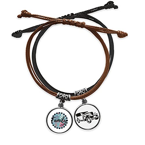 Bracelet cordon fleurs bleues et gourmette en cuir minibus pour homme et femme
