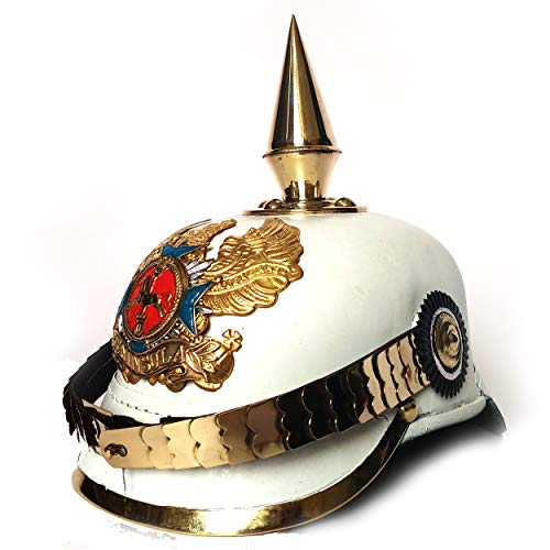 AnNafiÂ® White German Pickelhaube Spike Helmet | Leather Pickelhaube Imperial Prussian Helmet | Brass Military Officer Menâ€™s Costume | WWI & WWII Army Helmets Replica LARP Re-Enactment Cosplay Costumes
