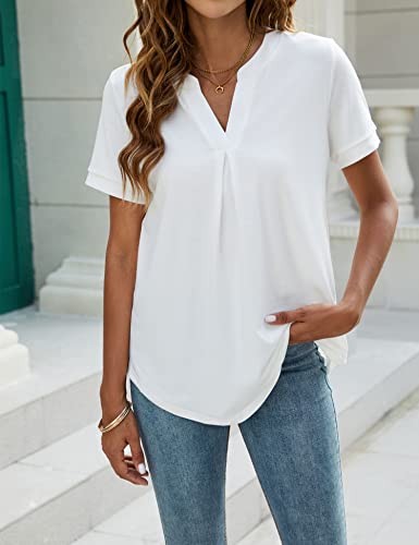 Newchoice Womens Business Causal Tops Dressy V Neck Short Sleeve Summer Blouses Office Professional Work Shirts (White, Xl) #TOP4