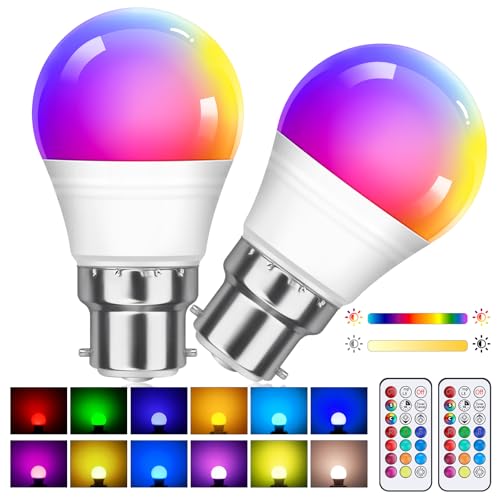 2 Pack 5W（Replacement 40W） G45 Dimmable Multi Color LED Lamp with Remote Control B22 Bayonet Base Color Changing Bulb, RGB+Warm White Low Energy Bulb, Suitable for Daily Lighting and Mood Lighting