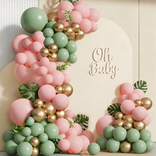 Spring Balloon Garland Arch Kit 160Pcs Sage Green Pink and Gold Latex Balloons for Baby in Bloom Baby Shower Bridal Shower Wedding Jungle Safari Woodland Birthday Party Decorations