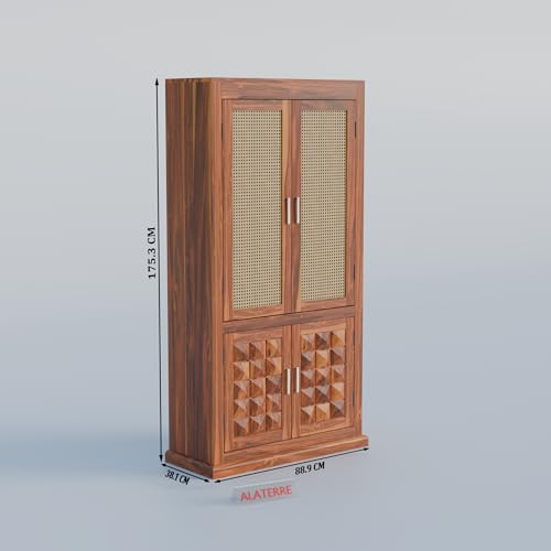 Image of Solid Wood Storage Cabinet with Cane Doors & Carved Panels | Modern Wooden Wardrobe Organizer for Living Room, Bedroom & Dining Room (Natural Finish)