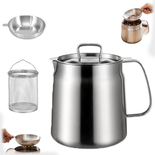 Rose and Teddy Stainless Steel Fryer, 2 in 1 68oz Stainless Steel Fryer with Basket & Lid, Large Capacity Versatile Oil Filter Pot Vessel for Kitchen Storing Cooking (68OZ/2L)