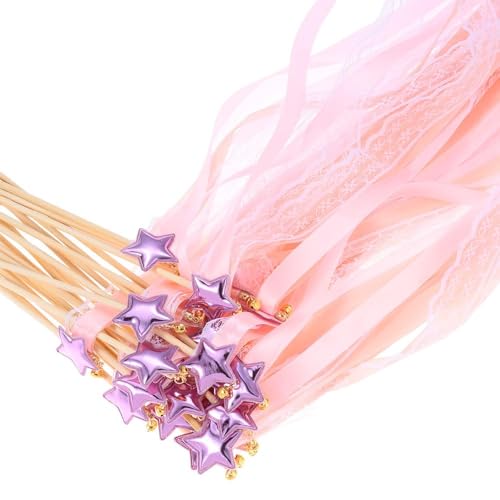 Image of 24 Pack Fairy Wands, Ribbon Lace Fairy Wands with Bells, Decorative Silk Stick with Streamers for Wedding Birthday Party, Pretty Pentagram Ribbon for Girls