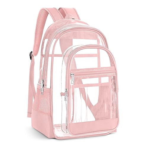 Image of KIMNERPU Clear Backpack, Heavy Duty PVC Transparent Backpack with Reinforced Straps, See Through Multiple Pockets Large Capacity Bookbag for Concert Sport Event Work Security Travel Festival (Pink)