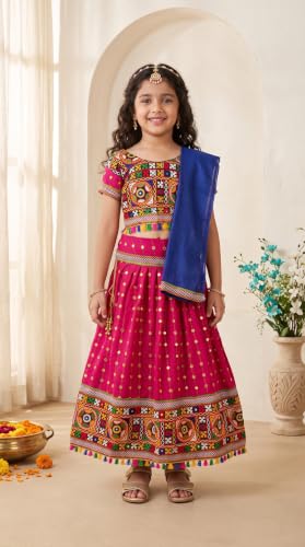 Image of AHHAAAA Girls Lehenga Choli with Dupatta, Kids Embroidered Chaniya Choli Set for Navratri Garba Dandiya Wedding Party Ethnic Outfit Y0045