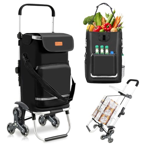 Sekey XXL Einkaufstrolley Treppensteiger mit 3 Rädern, Einkaufswagen für Camping und Einkäufe mit Höhenverstellbarem Griff, Aluminium 3-in-1 Trolley, Inklusive Kühlfach und Getränkefach, Schwarz