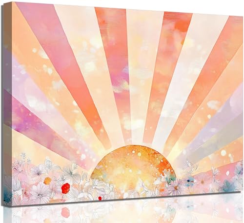 Framed Boho Sun Canvas Wall Art Picture Bohemian Sunset Sunrise Sunshine Rainbow Poster Print Aesthetic Floral Pink and Orange Abstract Painting Wall Decor for Bedroom Dorm 12x16in