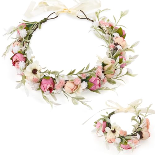 Blumenkranz Blume Krone Stirnband Rose Braut Haarschmuck mit Armband-Set Haarbänder Floral Girlande Haar Garland Blumenstirnband Verstellbarer Gürtel Damen Mädchen für Festival Party Hochzeit Strand