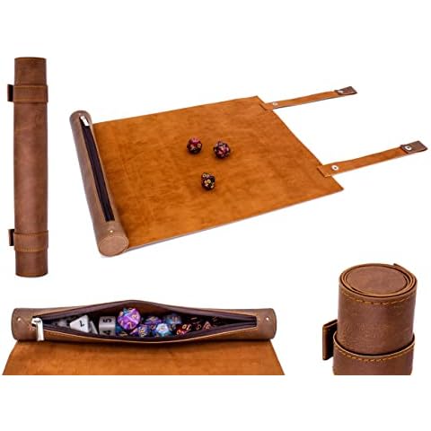 LORE Würfelmatte im Schriftrollenstil für Pen and Paper Würfelspiele wie DND, Cthulhu, DSA - einrollbar mit Würfelfach und Druckknopfverschluss (Veganes Leder, braun, Rollmatte als Würfelunterlage) Cover