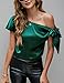 VIDUSSA Women's Off Shoulder Silk Tops Casual Short Sleeve Asymmetrical Neck Satin Blouse Shirts Dark Green XXL