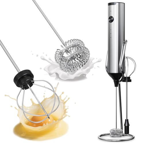 SOUTHMAN Milchaufschäumer Handschäumer mit Edelstahlständer, 3 Geschwindigkeitsregelung, Elektrischer Milchaufschäumer Wiederaufladbarer Kaffee-Schneebesen, Getränkemischer für Latte, Cappuccino