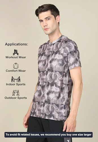 Image of TECHNOSPORT Men's Polyester Slim Fit All Over Print Crew Neck Half Sleeve T-Shirt with Technocool+,SPF50+ and Quick Dry