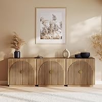 BELLEZE Set of 3 Modular Fluted Sideboard Buffet Cabinet with Storage, Mid-Century Modern Console Table with Symmetrical Arched Doors, Credenza for Dining Room, Kitchen and Living Room, Caramel Brown