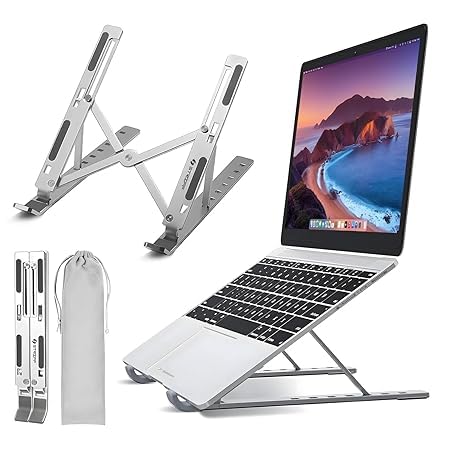 Adjustable 6 Angles Aluminum Laptop Stand, Tablet Stand, Portable Laptop Stand, Gaming Stand, Compatibility Upto 15.6-Inch Laptop, Tab, and Mobile (Silver)