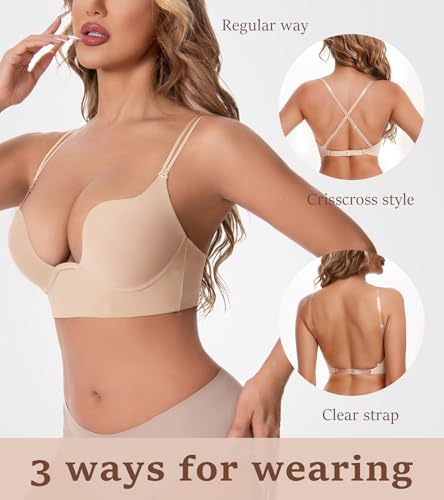 HACI Plunge U Neckline Backless Bra Push Up Deep V Padded Low Cut for Support3