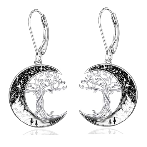 Tree of Life Earrings for Women 925 Sterling Silver Dangle Leverback Earrings Black Crescent Moon Family Tree Jewelry Gifts