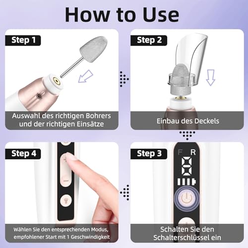 Nagelfräser für Gelnägel kabellos, elektrische Nagelfeile bis zu 10000 U/min, 9 Geschwindigkeitsstufen einstellbar, 11 hochwertige Nagelpflegeaufsätze, Pediküre-Maniküre-Set