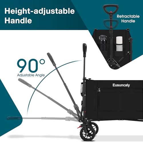 Eusuncaly Collapsible Wagon Carts,Folding Wagon Cart with All Terrain Wheels,Heavy Duty Garden Carts,Outdoor Utility Wagon with Side Pockets and Brakes for Camping Shopping Sports Fishing(Black)