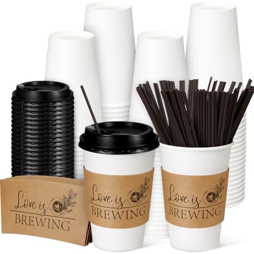 Pickmesh 50 Sets 12 oz Wedding Coffee Paper Cup Sets, Love Is Brewing Disposable Drinking Cups with Sleeves and Stirrers for Bridal Shower Engagement Cafe Party Reception Favors