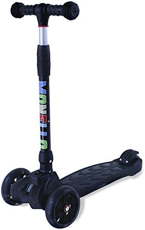 Monello Kick Scooters for Kids 3 Wheel Lean to Steer Adjustable Height PU ABEC-7 Flashing Wheels (Black)