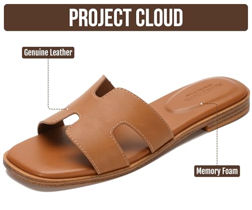 Image of Project Cloud 100% Genuine Leather Sandals for Women 2026 - Fashion Flat Womens Sandals with Memory Foam Insole Slides Sandals Women Footwear - Mules Women's Sandals (Jannel)