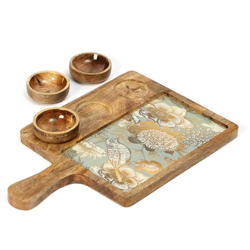 Image of Handcrafted Mango Wood Serving Platter with 3 Dip Bowls | Traditional Jamawar Kashmiri Print | Waterproof, Heat-Resistant, Food-Safe Lacquer Finish | 15.5 x 10 Inch | Made in India (3Katori: GreyBird)