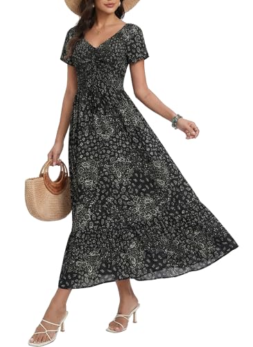 Image of Summer Smocked Boho Maxi Dress for Women 2026 Short Sleeve Floral Smocked Flowy Ruffled Beach Vacation Dresses Lightweight