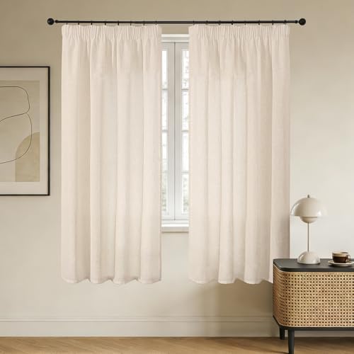 Joydeco Leinen Gardinen mit Kräuselband 2er Set 225x140 HxB Voile Leinenvorhänge für Schienen Halbtransparente Leinenoptik Wohnzimmer Schlafzimmer