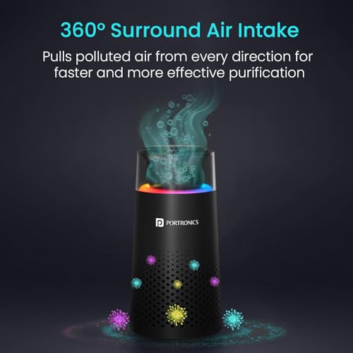 Image of Portronics AeroDrive, Type-C Powered Car Air Purifier with H13 HEPA Filter, 3-Stage Filtration(Pre-filter, HEPA13 & Activated Carbon Filter) 360 Air Intake,Removes PM 2.5 & PM 10,RGB Ambient Lighting