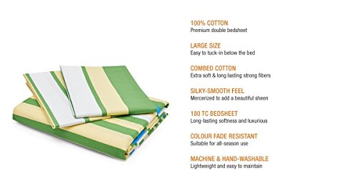 Image of Amazon Brand - Solimo Silk Finish Spectra Stripe 180 TC 100% Cotton Double Bedsheet with 2 Pillow Covers - Green