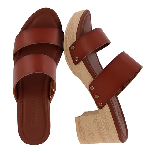 Image of CUSHIONAIRE Sky Platform Sandals for Women, Faux Wood Block Heel Slide with Comfort Foam Footbed and Vegan Leather Straps, Wide Width Available
