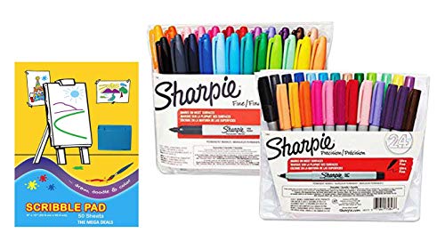 Sharpie Permanent Markers, Assorted Colors, 24 Fine Point Markers and 24 Ultra Fine Point Markers (Total of 48 Markers) | Includes 1 Scribble Pad