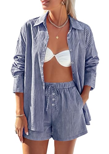 PRETTYGARDEN Women's Summer 2 Piece Matching Lounge Sets Pajamas Long Sleeve Shirts Blouse Pockets Shorts 2026 Spring Outfits (Striped Navy White,Medium)